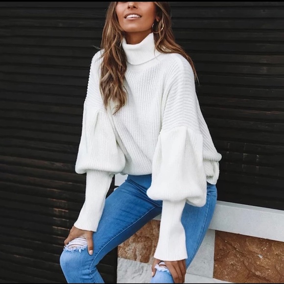 Chic White Knit Lantern Sleeve Turtleneck Sweater - Picture 2 of 5